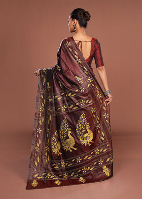 Maroon Kantha Stitch Silk Saree With Blouse Piece