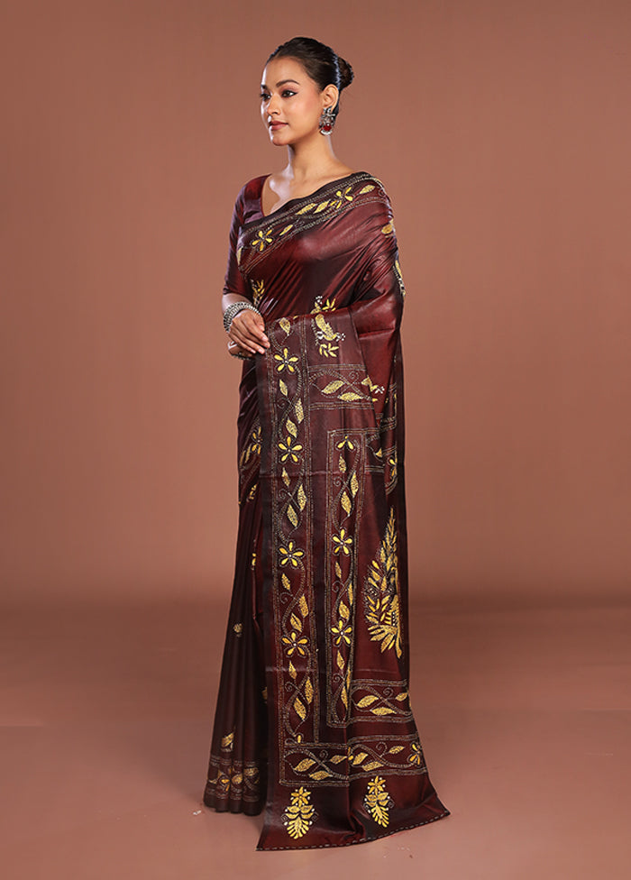 Maroon Kantha Stitch Silk Saree With Blouse Piece
