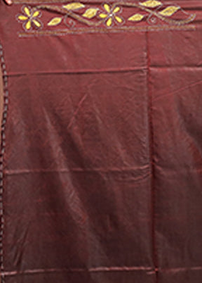 Maroon Kantha Stitch Silk Saree With Blouse Piece