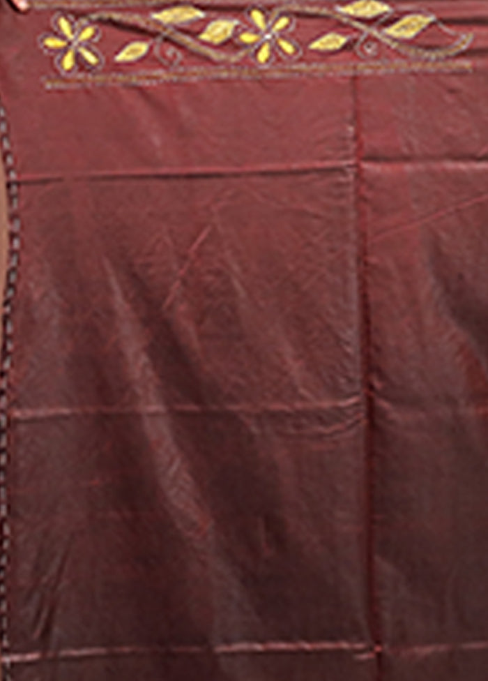 Maroon Kantha Stitch Silk Saree With Blouse Piece