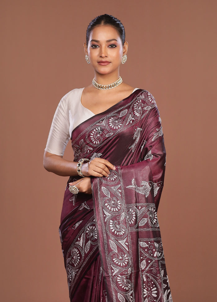 Maroon Kantha Stitch Silk Saree With Blouse Piece