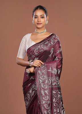 Maroon Kantha Stitch Silk Saree With Blouse Piece