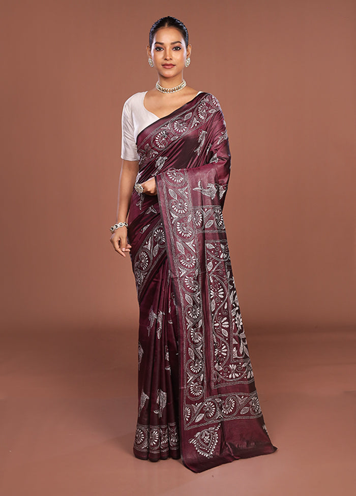 Maroon Kantha Stitch Silk Saree With Blouse Piece