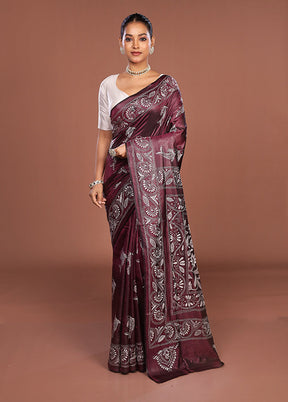 Maroon Kantha Stitch Silk Saree With Blouse Piece