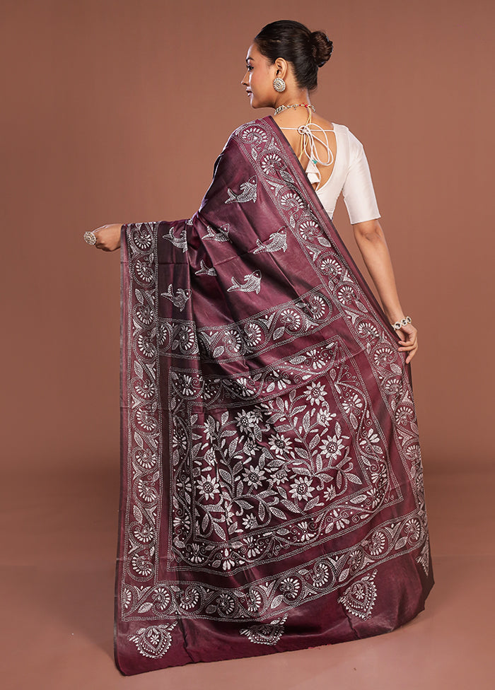 Maroon Kantha Stitch Silk Saree With Blouse Piece
