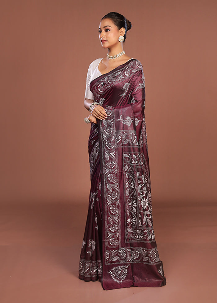 Maroon Kantha Stitch Silk Saree With Blouse Piece