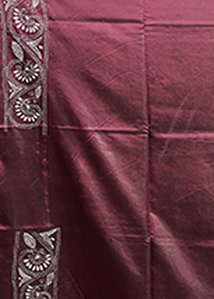 Maroon Kantha Stitch Silk Saree With Blouse Piece