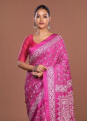 Pink Kantha Stitch Silk Saree With Blouse Piece