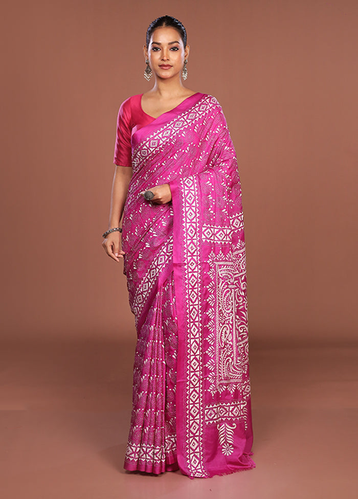 Pink Kantha Stitch Silk Saree With Blouse Piece