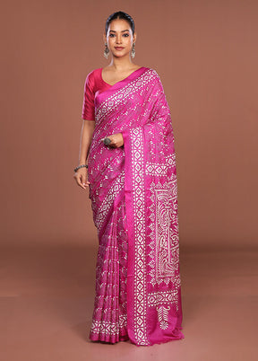 Pink Kantha Stitch Silk Saree With Blouse Piece