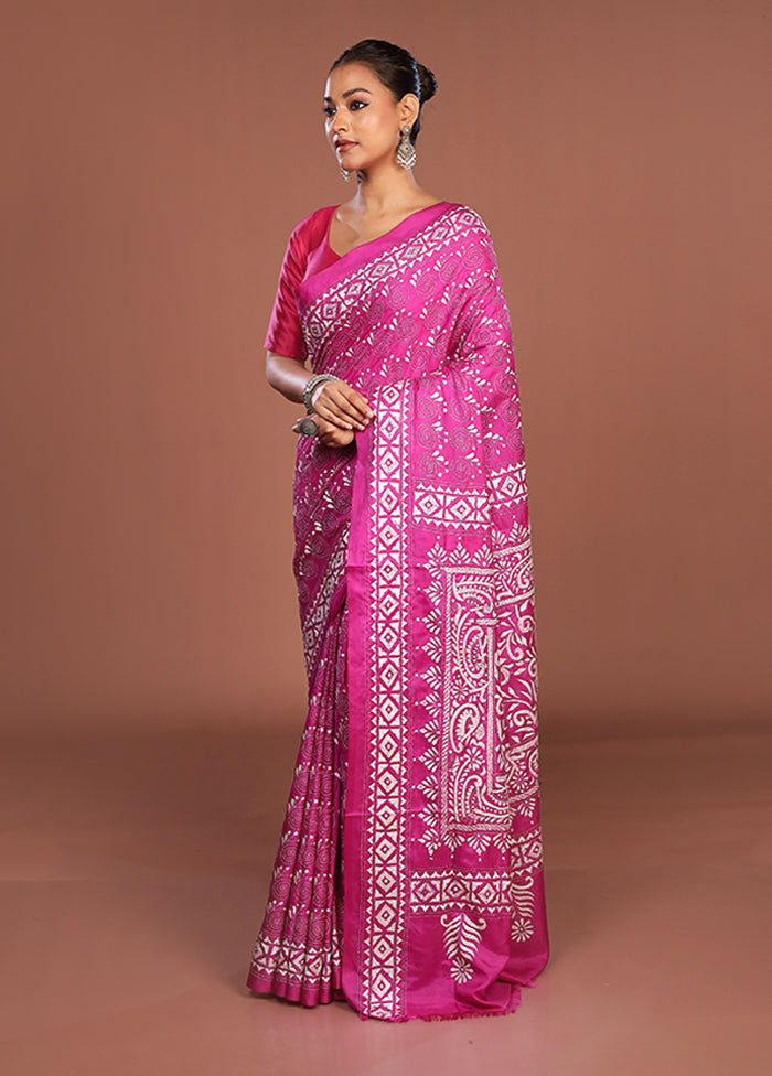 Pink Kantha Stitch Silk Saree With Blouse Piece