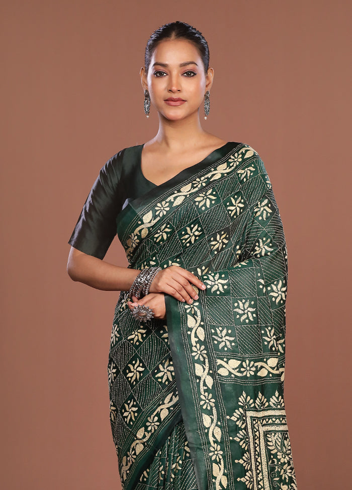 Green Kantha Stitch Silk Saree With Blouse Piece