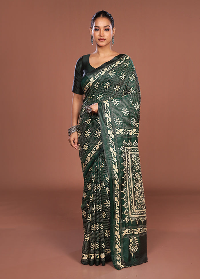 Green Kantha Stitch Silk Saree With Blouse Piece