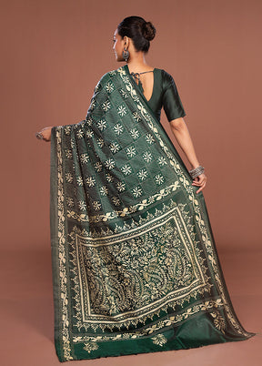 Green Kantha Stitch Silk Saree With Blouse Piece