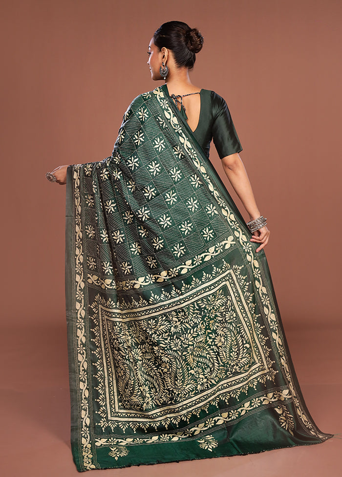 Green Kantha Stitch Silk Saree With Blouse Piece
