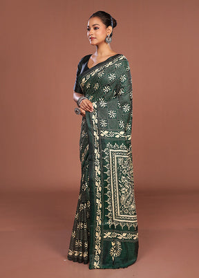 Green Kantha Stitch Silk Saree With Blouse Piece