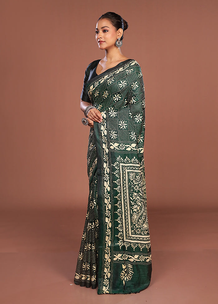 Green Kantha Stitch Silk Saree With Blouse Piece