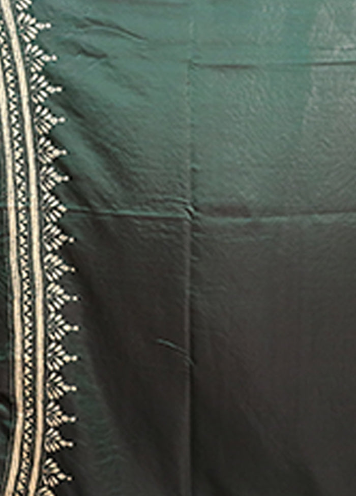 Green Kantha Stitch Silk Saree With Blouse Piece