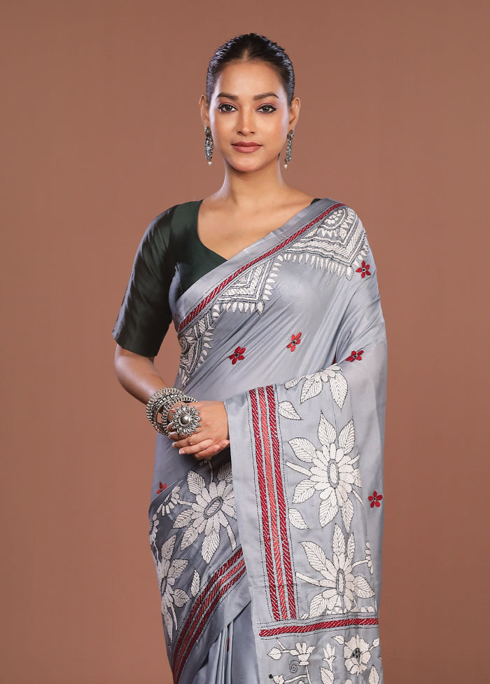 Grey Kantha Stitch Silk Saree With Blouse Piece