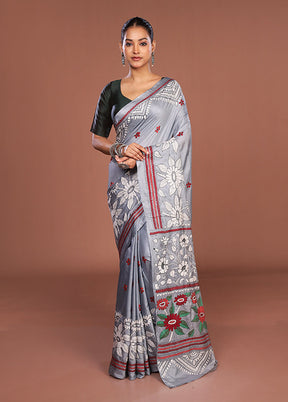 Grey Kantha Stitch Silk Saree With Blouse Piece
