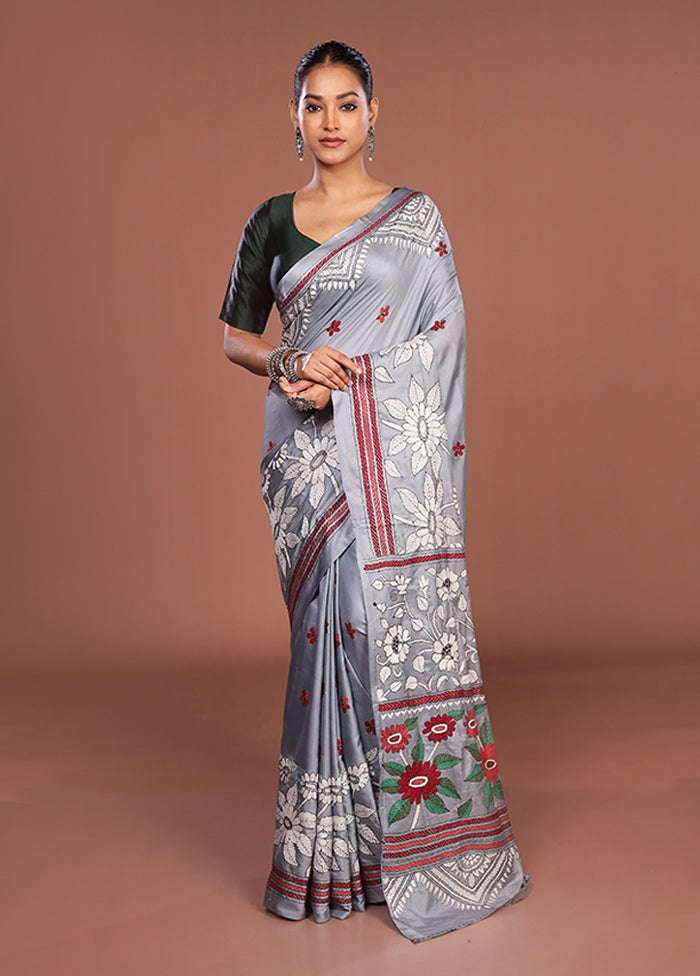 Grey Kantha Stitch Silk Saree With Blouse Piece