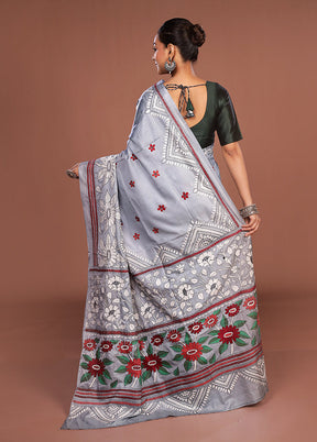 Grey Kantha Stitch Silk Saree With Blouse Piece