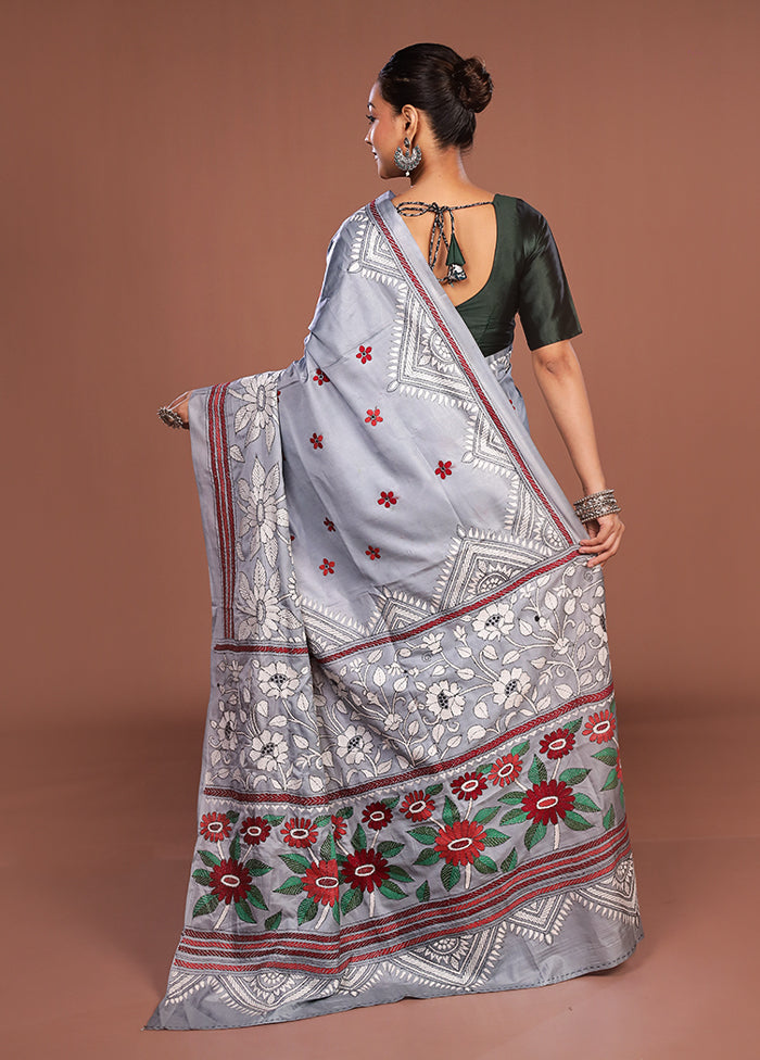 Grey Kantha Stitch Silk Saree With Blouse Piece
