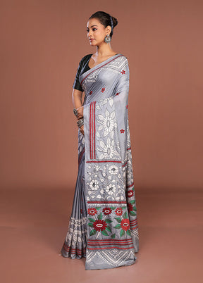 Grey Kantha Stitch Silk Saree With Blouse Piece