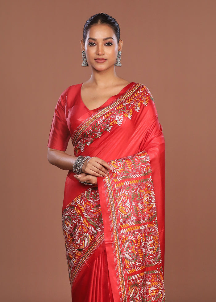 Red Kantha Stitch Silk Saree With Blouse Piece