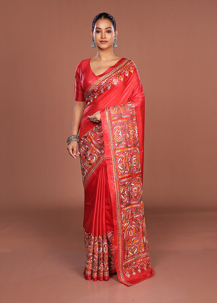 Red Kantha Stitch Silk Saree With Blouse Piece