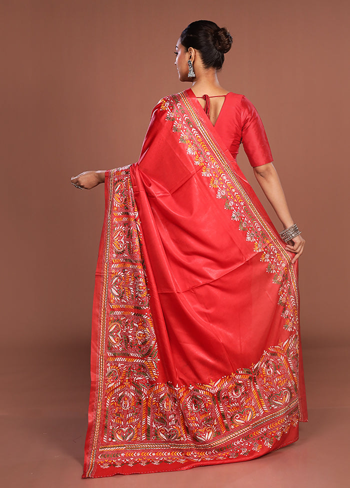 Red Kantha Stitch Silk Saree With Blouse Piece