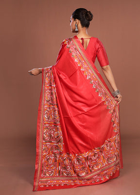 Red Kantha Stitch Silk Saree With Blouse Piece
