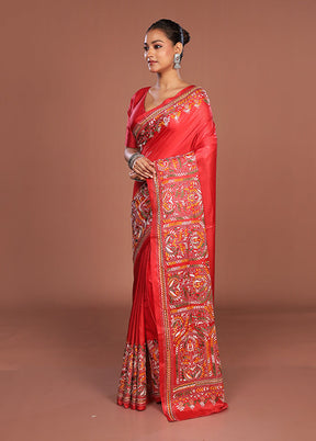 Red Kantha Stitch Silk Saree With Blouse Piece