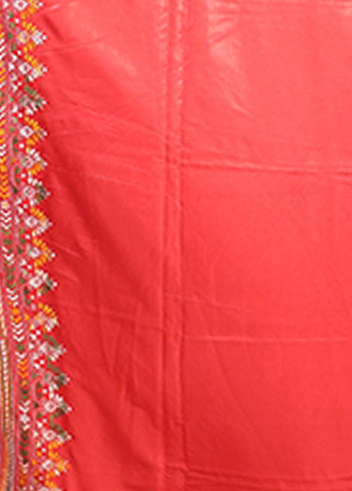 Red Kantha Stitch Silk Saree With Blouse Piece