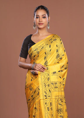 Yellow Kantha Stitch Silk Saree With Blouse Piece