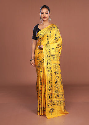 Yellow Kantha Stitch Silk Saree With Blouse Piece