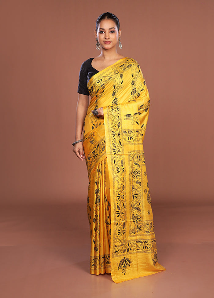 Yellow Kantha Stitch Silk Saree With Blouse Piece