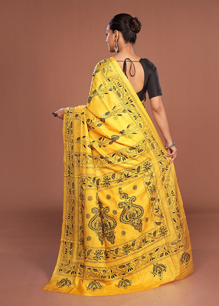 Yellow Kantha Stitch Silk Saree With Blouse Piece