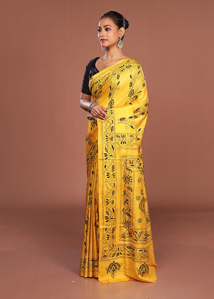 Yellow Kantha Stitch Silk Saree With Blouse Piece