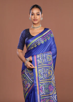 Blue Kantha Stitch Silk Saree With Blouse Piece