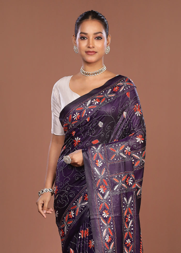 Blue Kantha Stitch Silk Saree With Blouse Piece
