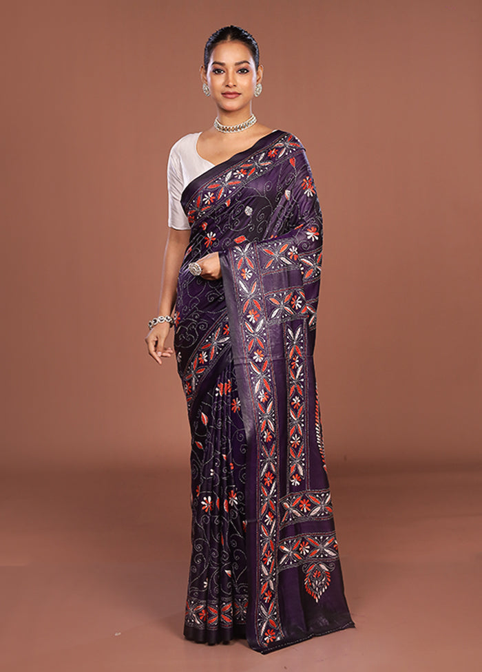Blue Kantha Stitch Silk Saree With Blouse Piece