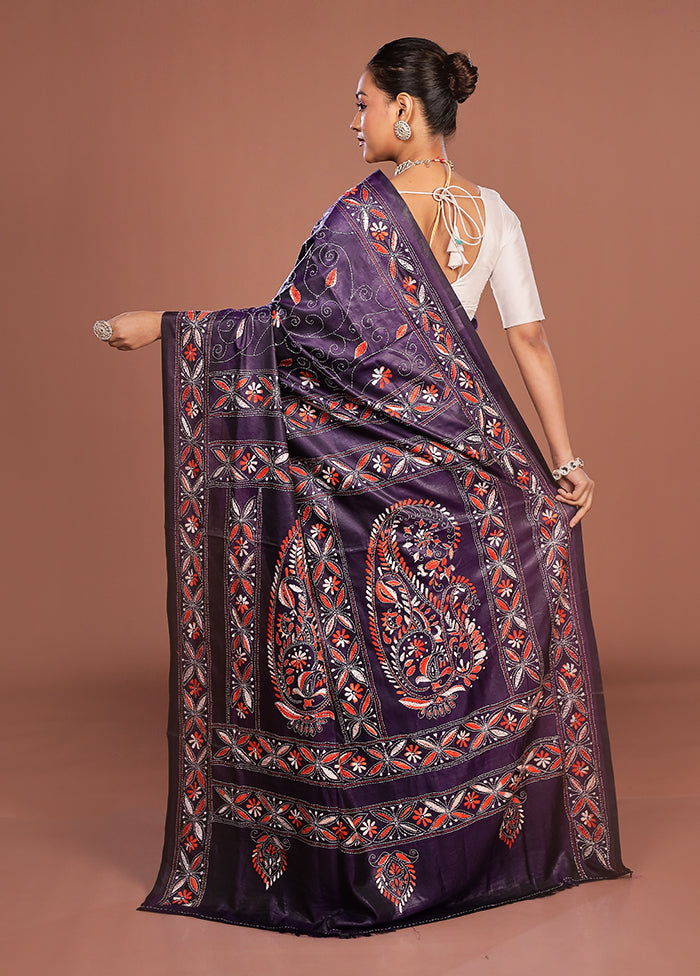 Blue Kantha Stitch Silk Saree With Blouse Piece