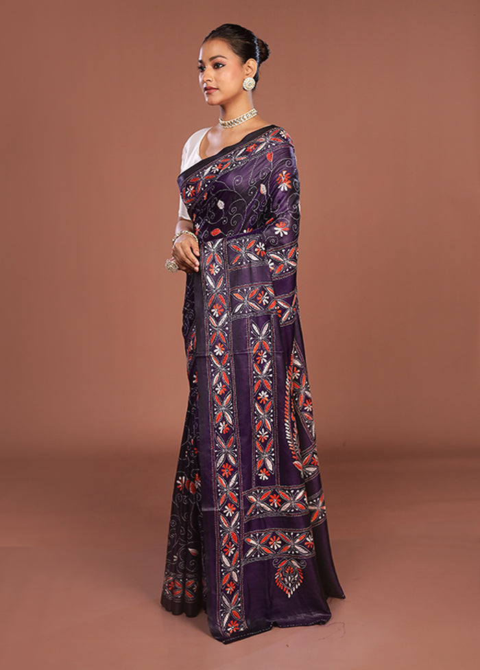 Blue Kantha Stitch Silk Saree With Blouse Piece