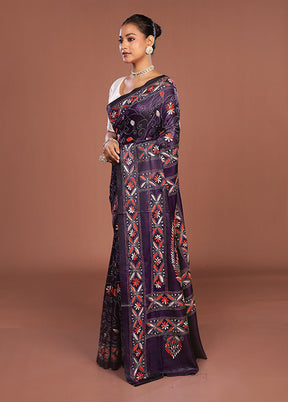 Blue Kantha Stitch Silk Saree With Blouse Piece