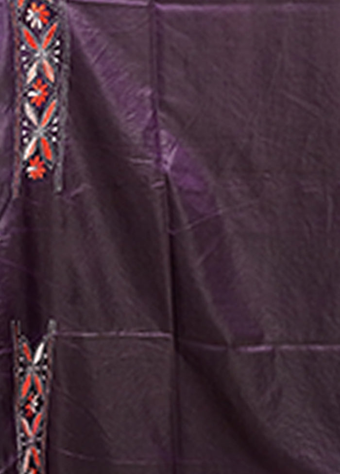 Blue Kantha Stitch Silk Saree With Blouse Piece