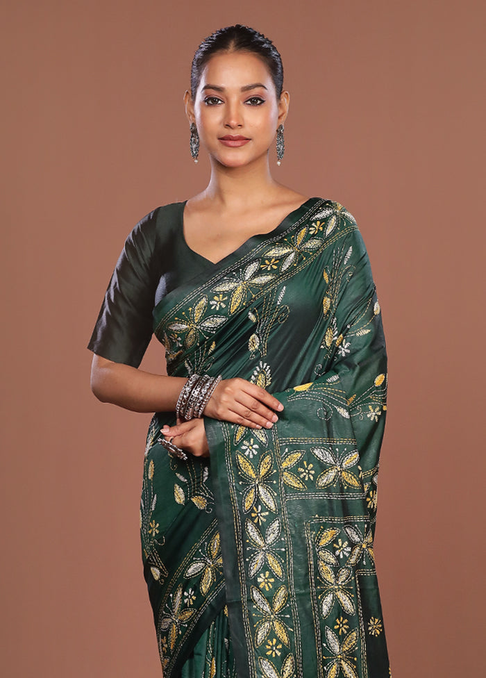 Green Kantha Stitch Silk Saree With Blouse Piece