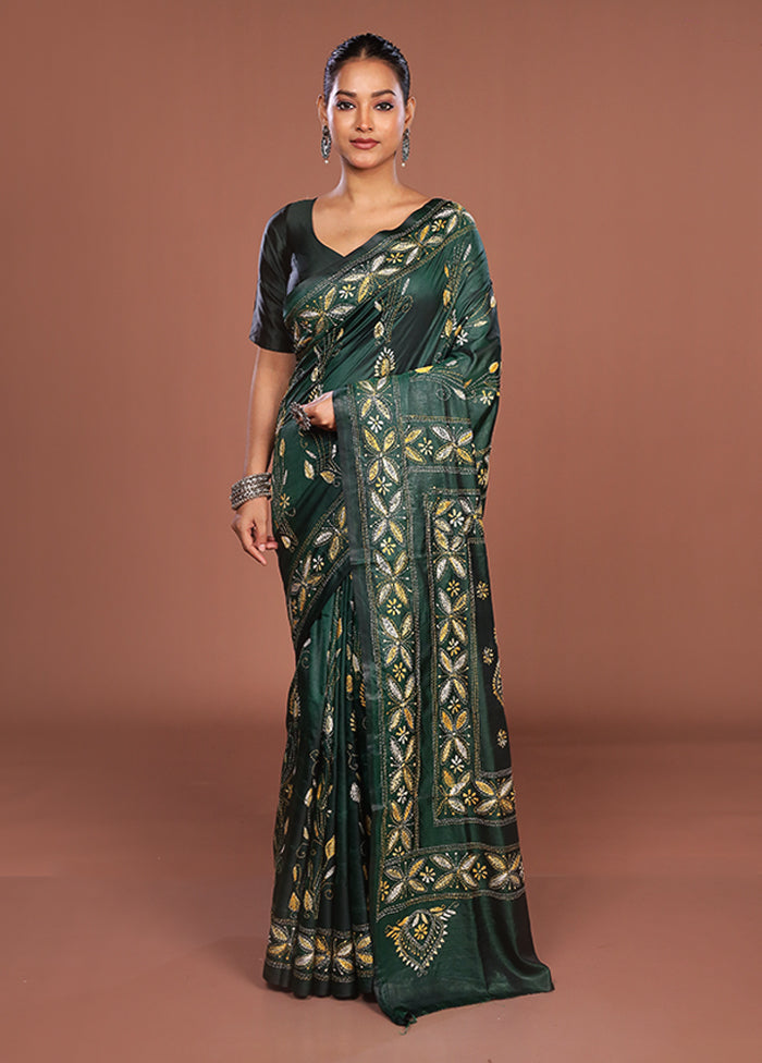 Green Kantha Stitch Silk Saree With Blouse Piece