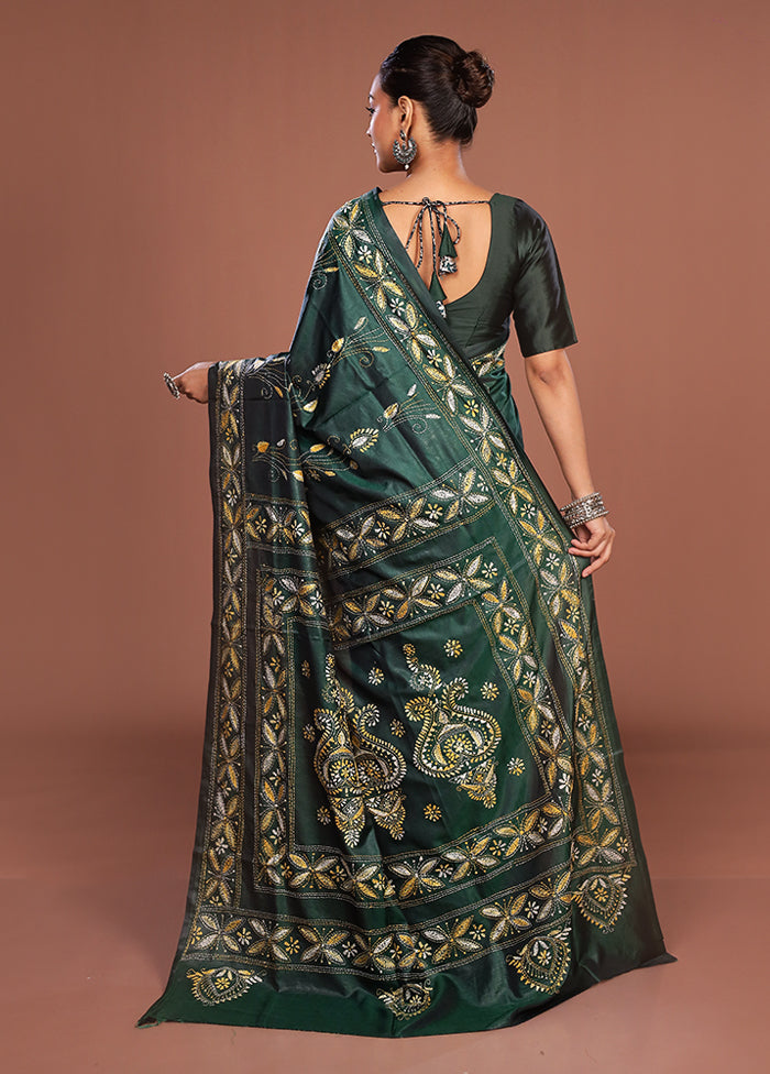 Green Kantha Stitch Silk Saree With Blouse Piece