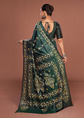 Green Kantha Stitch Silk Saree With Blouse Piece
